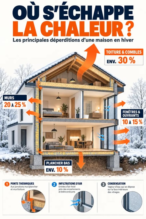 Infographie sur l'optimisation de la performance énergétique de son logement par la rénovation et les principales déperditions de chaleur